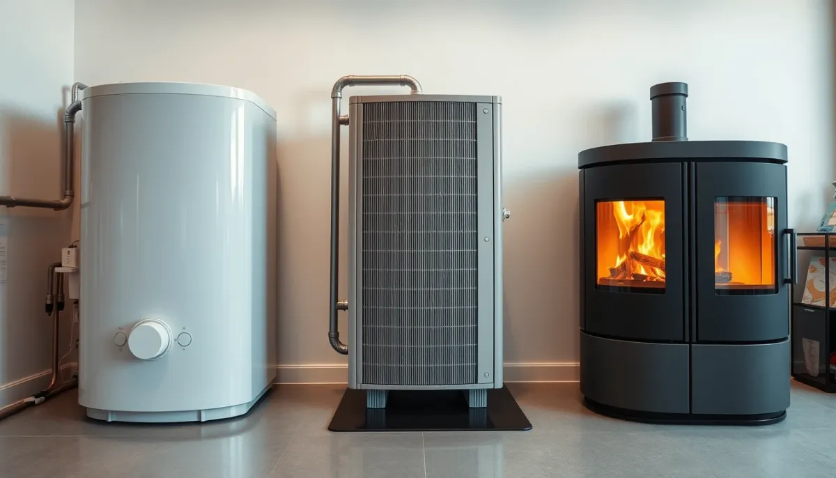 Comparatif visuel entre chaudière gaz à condensation, pompe à chaleur et poêle à pellets en Wallonie