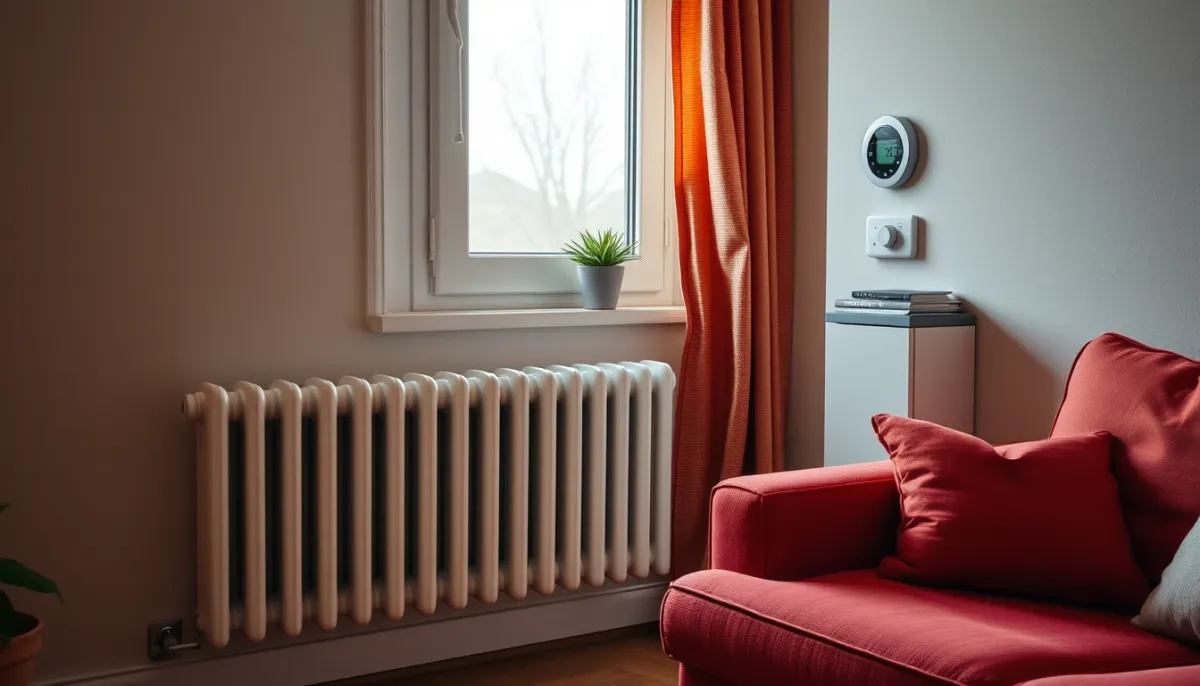Salon confortable avec radiateur basse température et thermostat mural