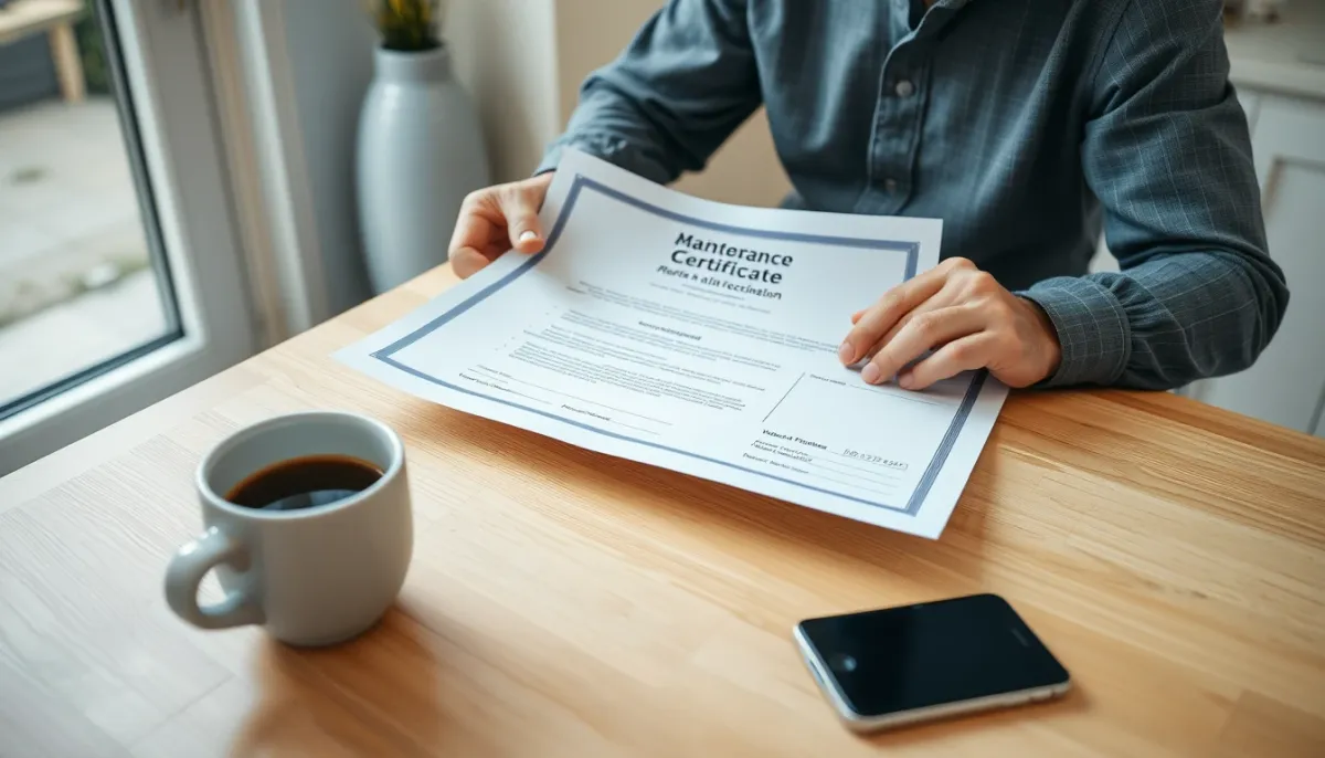 Propriétaire vérifiant une attestation d'entretien de chaudière à son domicile