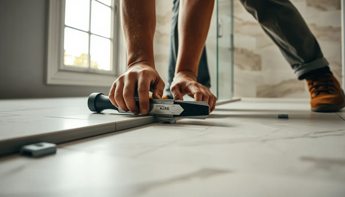 Pose de carrelage grand format sur le sol d'une douche à l'italienne
