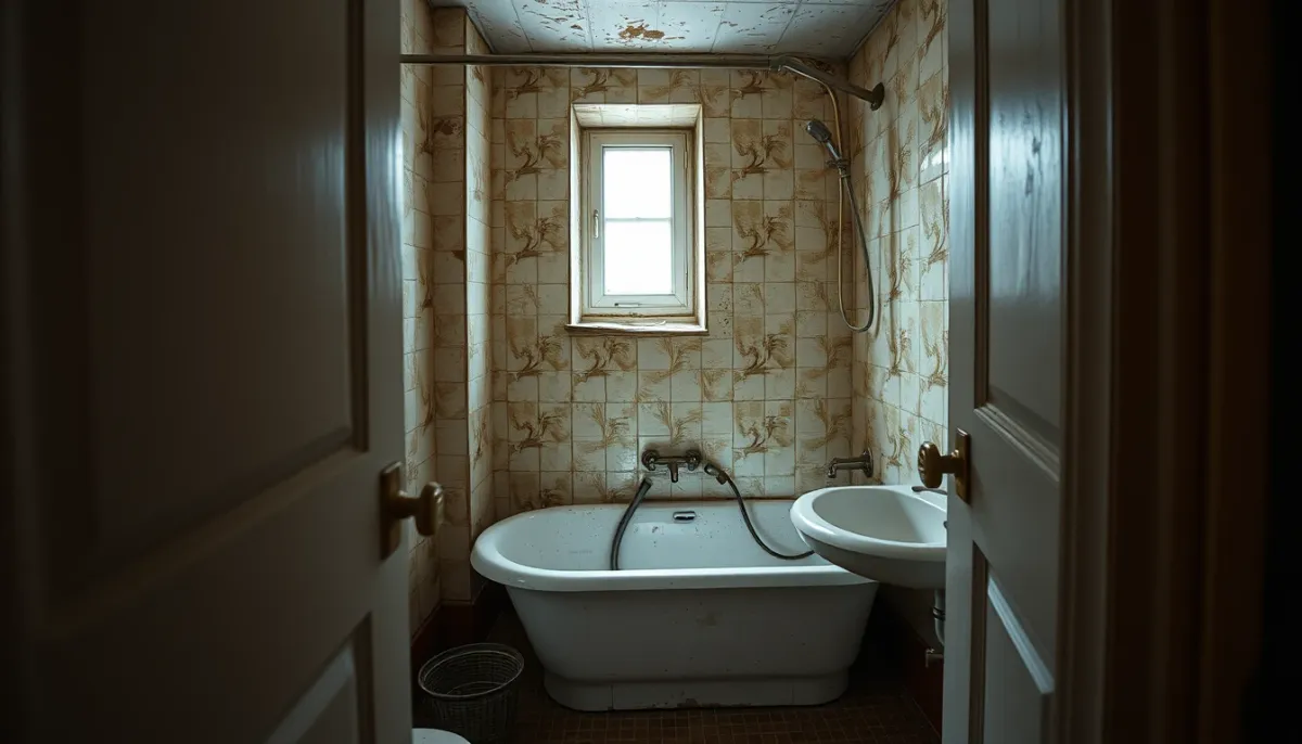 Ancienne salle de bain avec baignoire vétuste avant transformation en douche à l'italienne