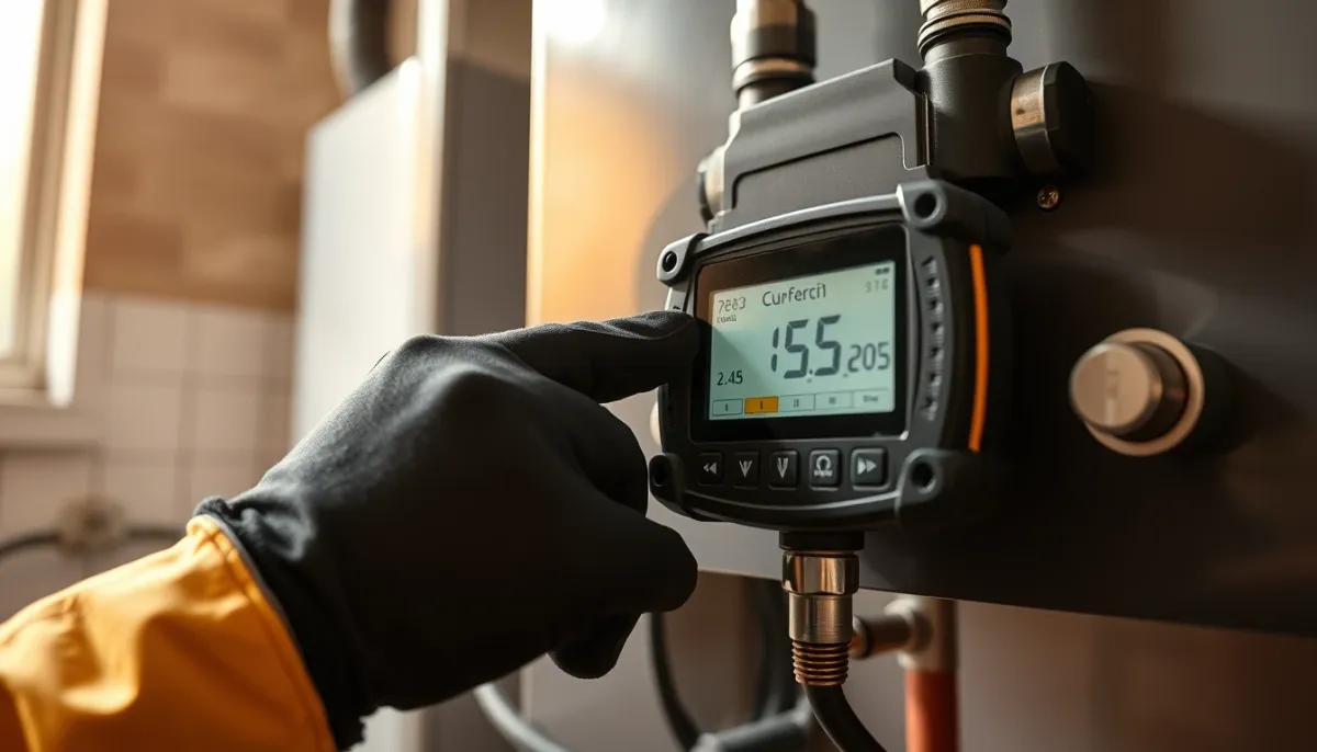Technicien agréé effectuant une analyse de combustion sur une chaudière gaz avec un analyseur numérique