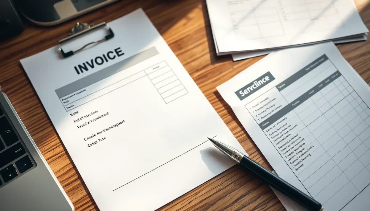 Facture d'entretien et checklist de contrôle posées sur un bureau en bois