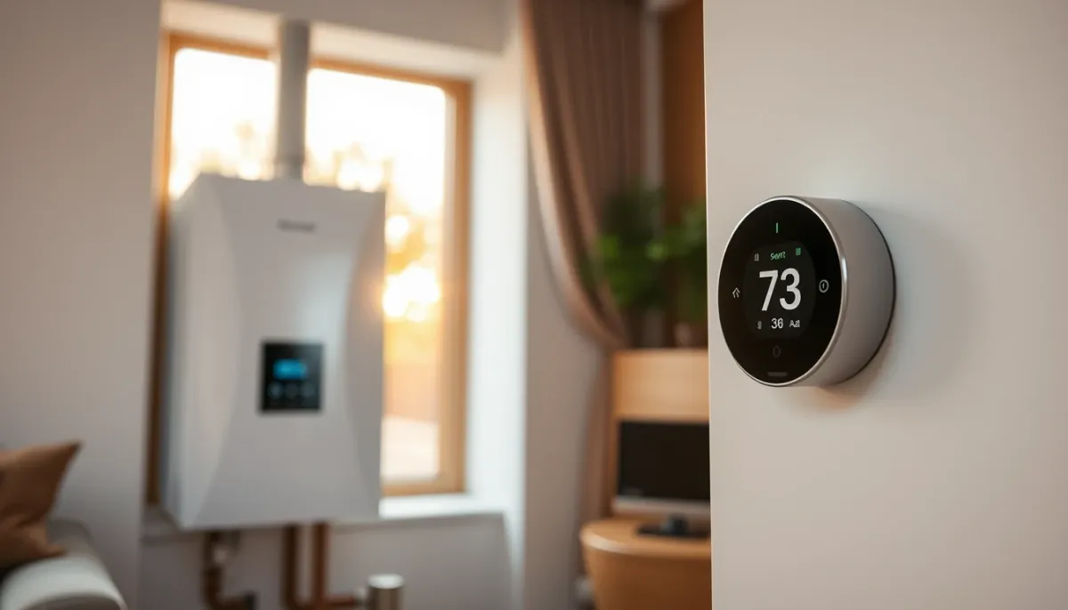 Thermostat intelligent et chaudière gaz moderne dans un intérieur contemporain