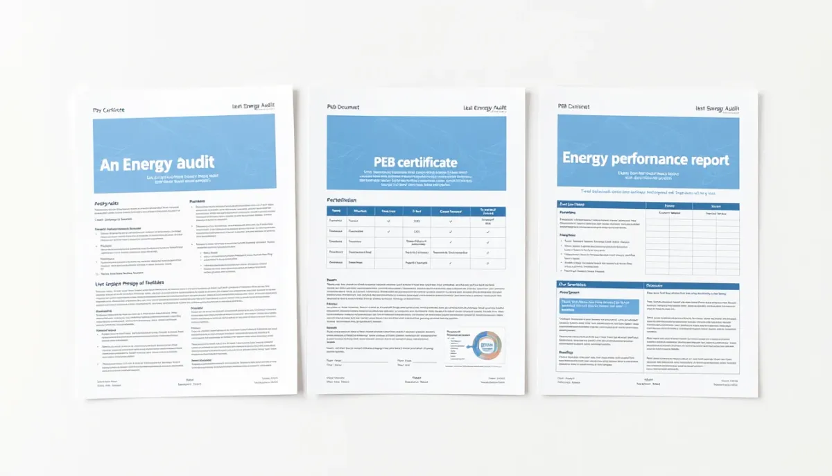 Comparaison côte à côte d'un audit logement, d'un certificat PEB et d'un rapport de performance énergétique