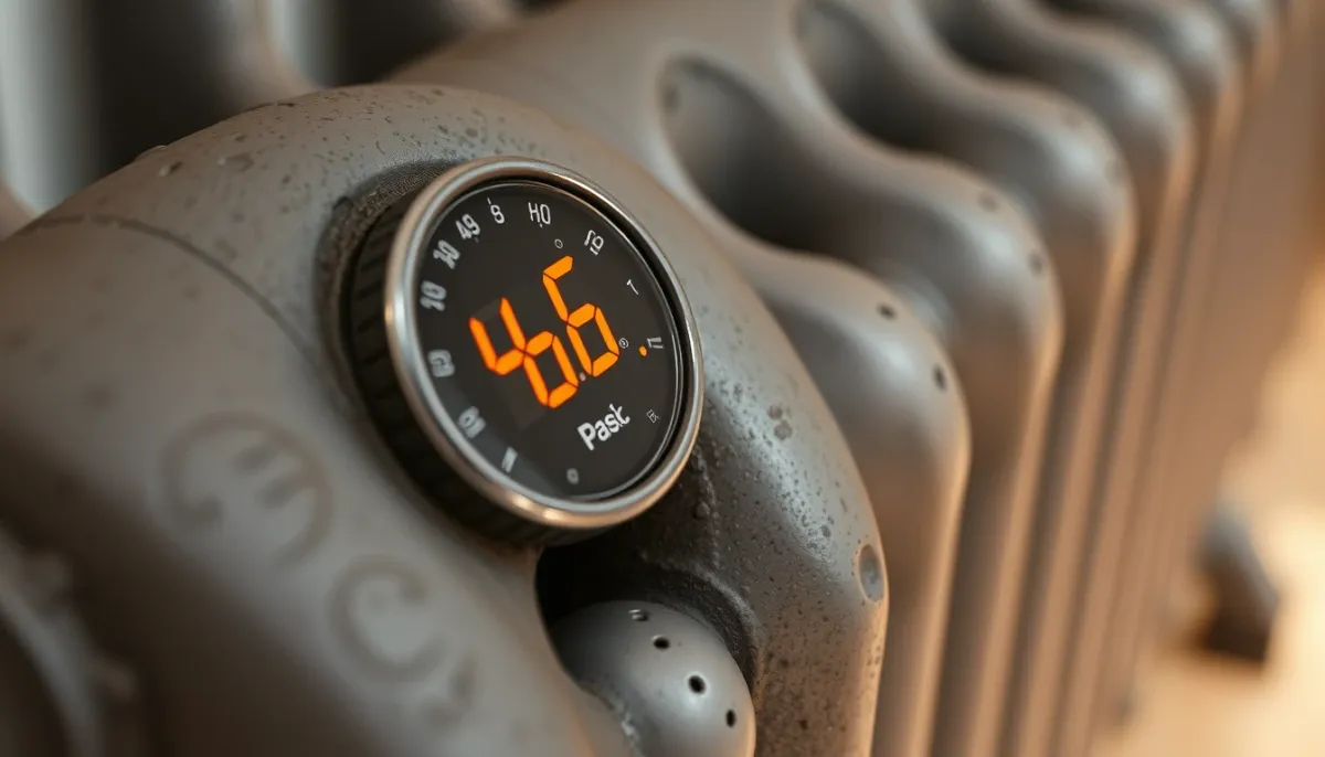 Gros plan sur un radiateur en fonte avec un thermomètre indiquant 45 degrés