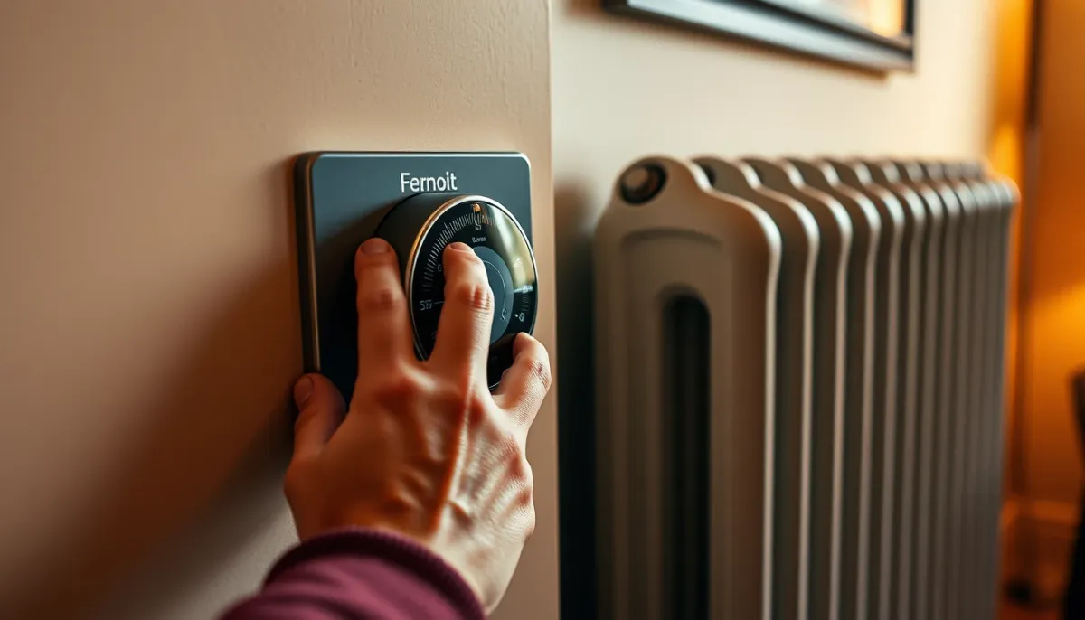 Main réglant un thermostat moderne à côté d'un radiateur en fonte