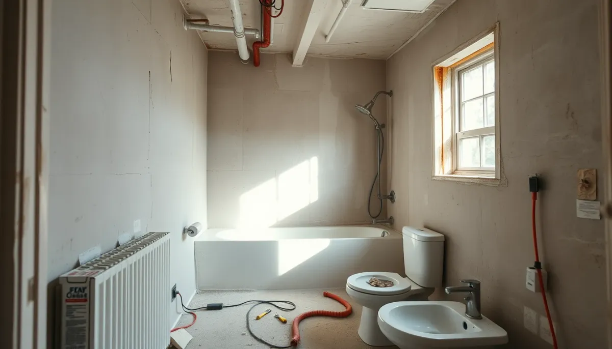 Travaux de rénovation de salle de bain en cours avec plomberie et électricité apparentes