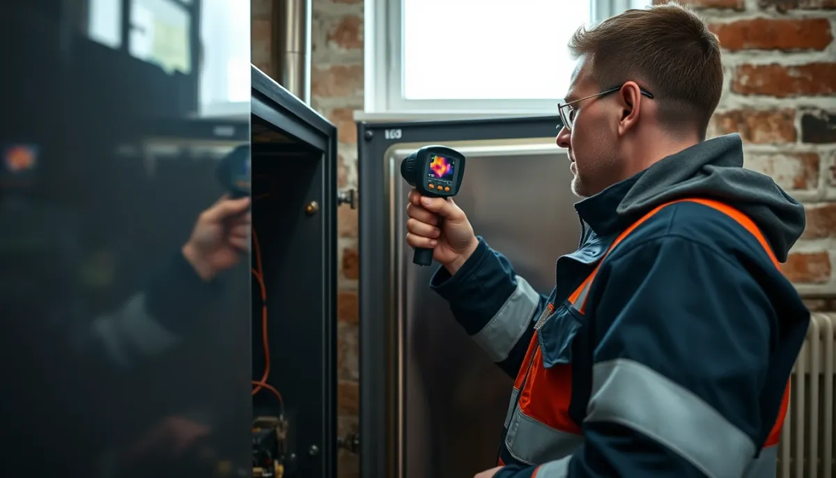 Technicien chauffagiste utilisant une caméra thermique pour détecter une fuite sur une chaudière