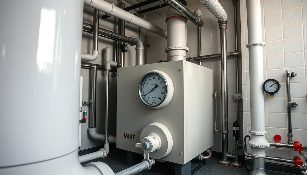 Chaufferie propre et bien entretenue avec chaudière moderne et manomètre affichant une pression correcte