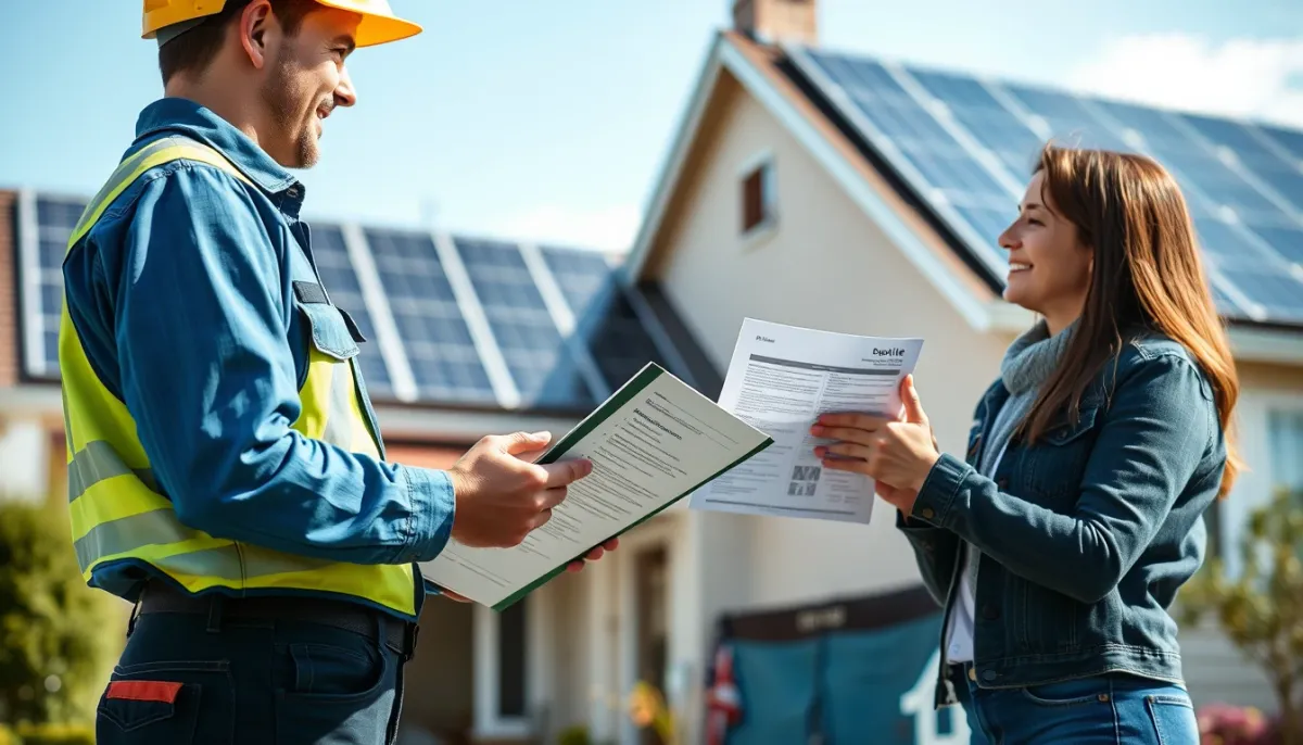 Installateur et propriétaire discutant d'un devis devant une maison équipée de panneaux solaires
