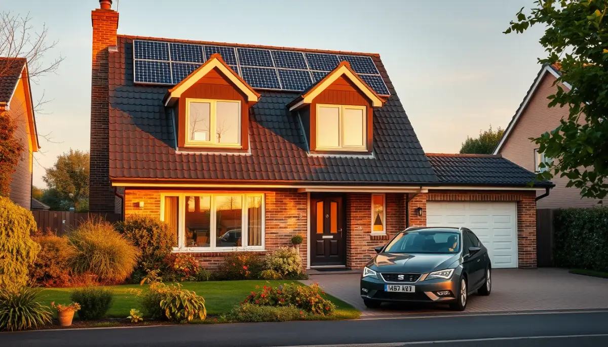 Maison familiale avec panneaux solaires sur le toit, vue de face au coucher du soleil