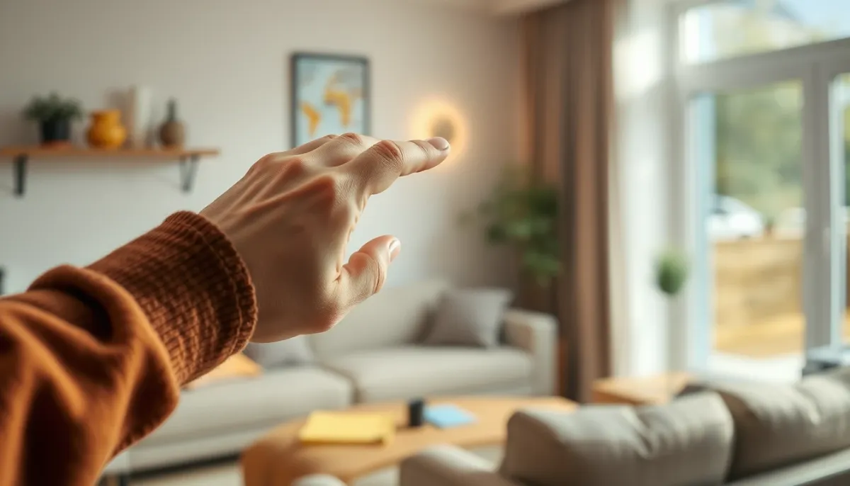 Propriétaire réglant un thermostat intelligent dans un salon confortable
