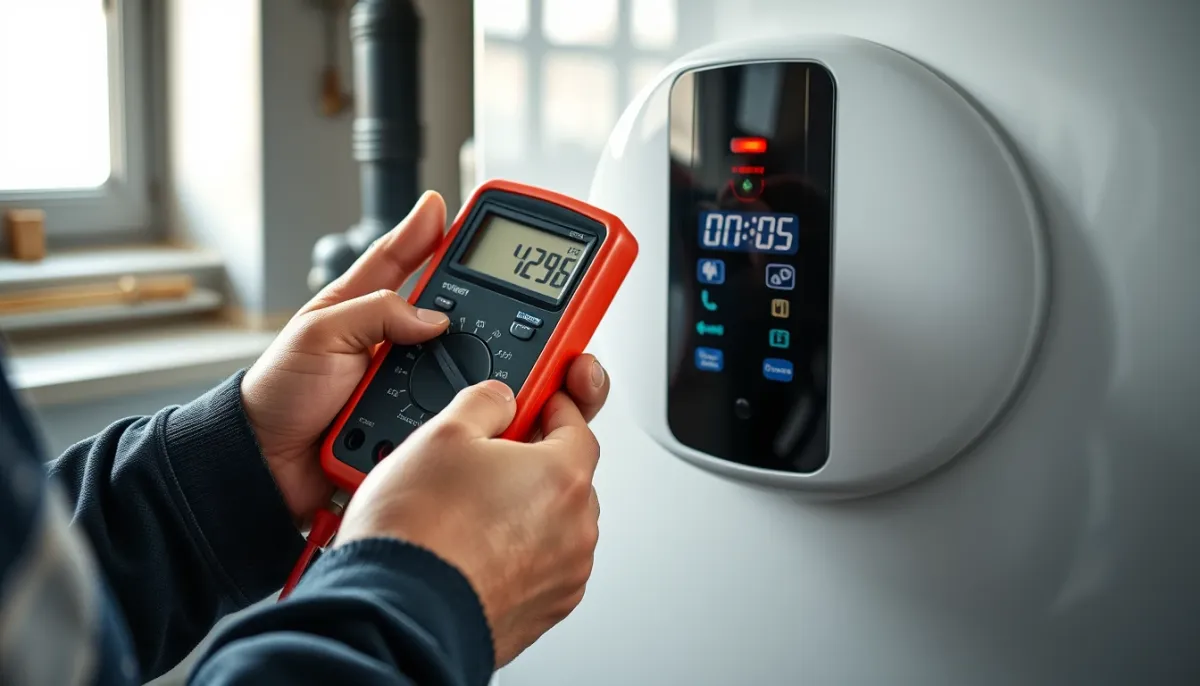 Technicien mesurant la puissance d'une chaudière à condensation avec un multimètre
