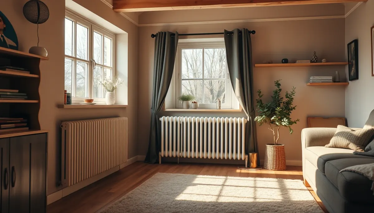 Salon confortable avec radiateur moderne sous une fenêtre, symbole de confort thermique