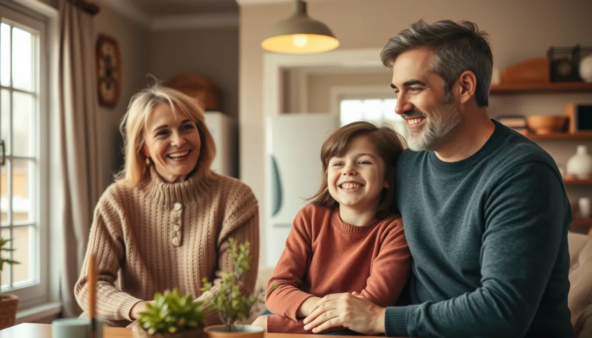 Famille dans une maison confortable avec une chaudière à condensation en arrière-plan